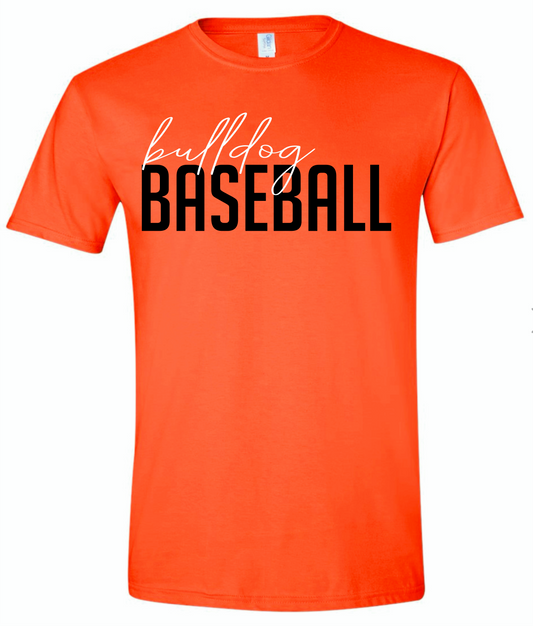 Orange cursive Bulldog Baseball.