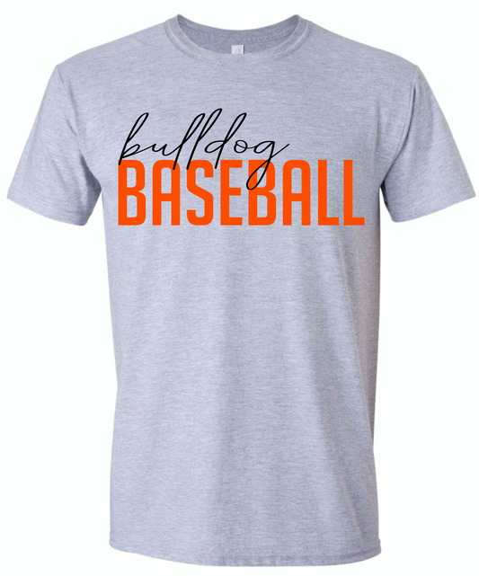 Grey cursive Bulldog Baseball.